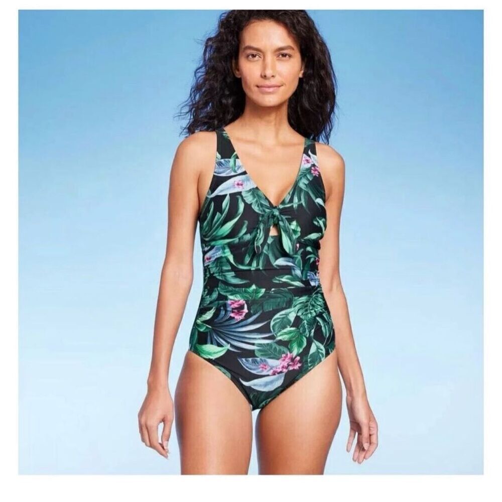 🌸 Kona Sol Tie Front Tummy Control Green and Black Womens One Piece Size 17